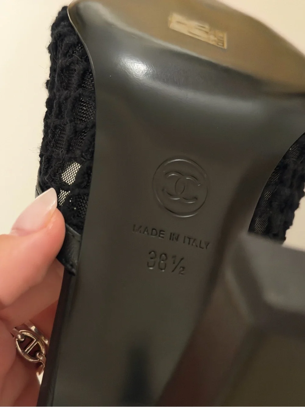 CHANEL Black Mesh Open-Toe Block Heel Mules with Burgundy Insole